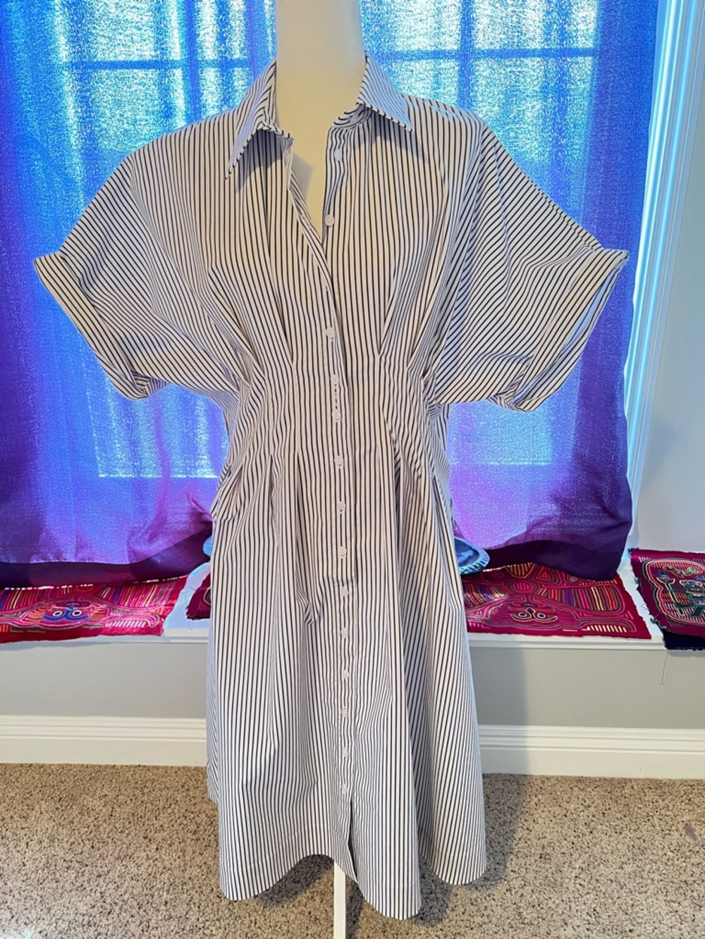 Anthropology brand Exquise Striped Button-Front Shirt Dress in White & Black - Picture 3 of 8